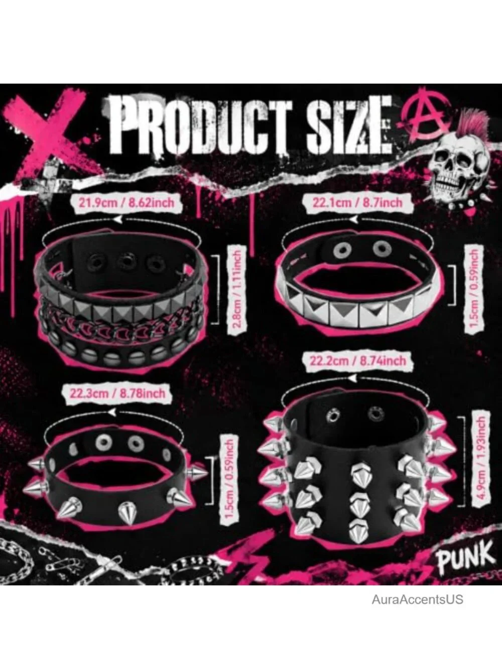 Punk Rock Studded Bracelet Set Spiked Leather Cuff
